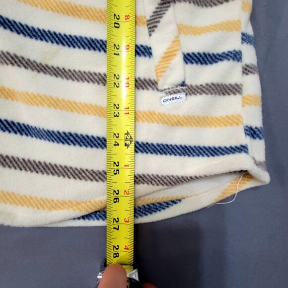 O’Neill Fleece Shacket Striped Cream Yellow Navy Snap Front Cozy Retro Casual - Picture 7 of 12